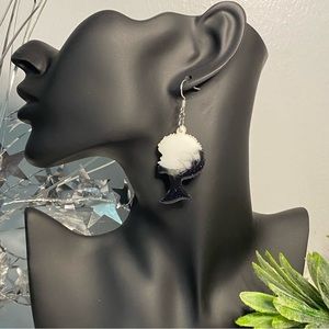 SJB handmade black white afro woman resin earrings silver fish hook rubber back